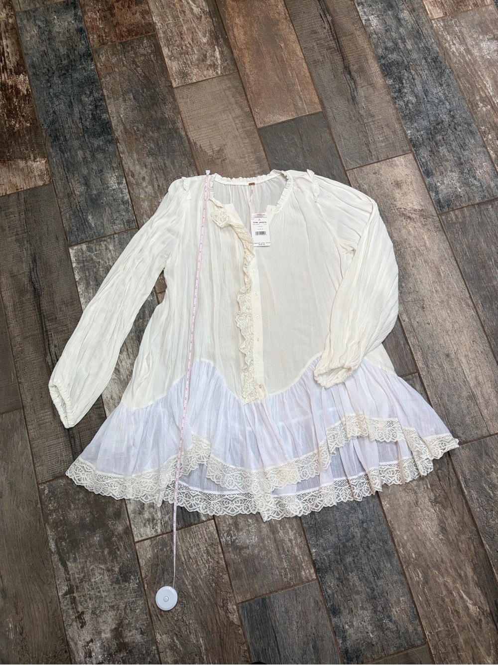 Free People Sheer White & Ivory Lace-Trim Long Sleeve Tunic Blouse NWT - Picture 8 of 12